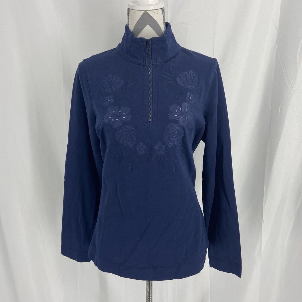 Tommy Bahama Sweatshirt Women Size Large Blue Floral 1/4 Zip Pullover